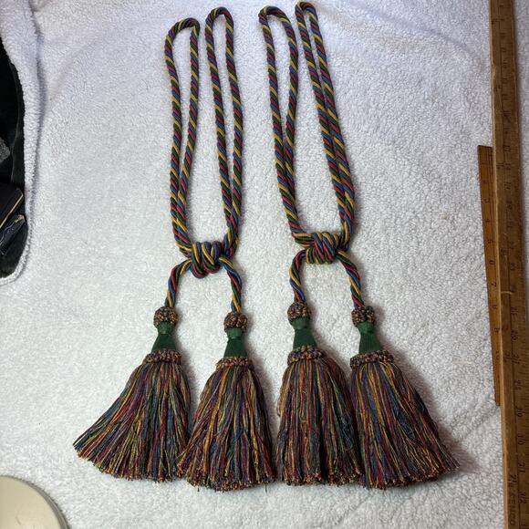 Pair Large Drapery Curtain Tie Backs Tassels red/green/gold Fringe 24” Elegant - Picture 5 of 5